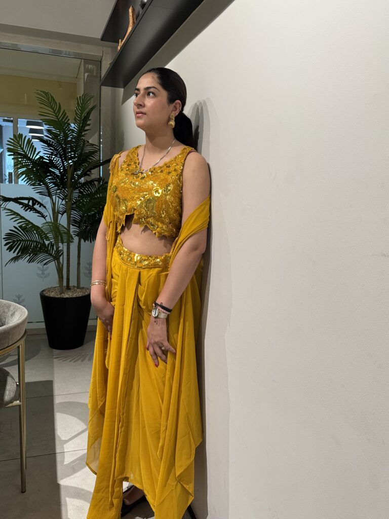 Yellow Cowl Skirt and Cape Set with Heavy Beaded Crop Top