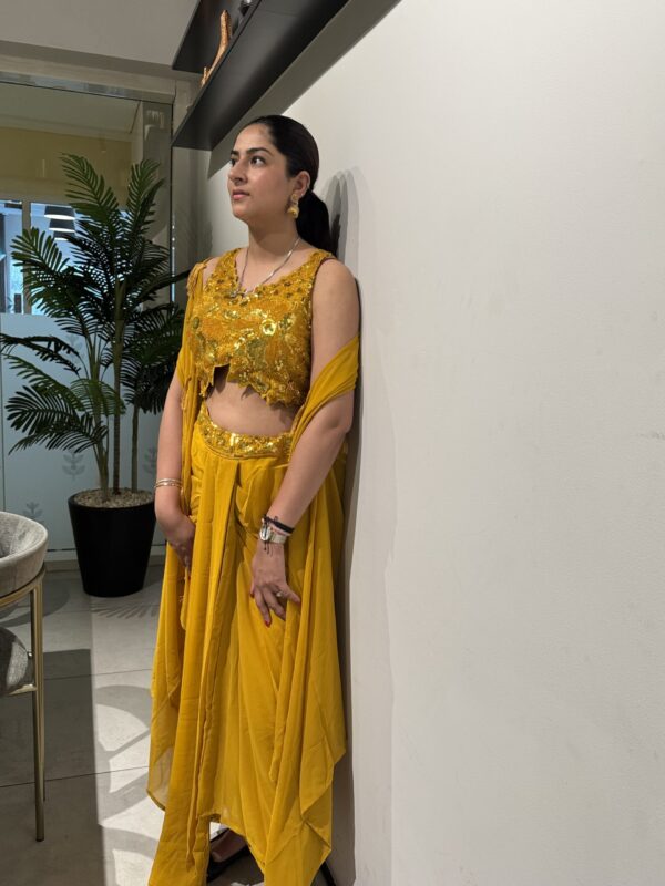 Yellow Cowl Skirt and Cape Set with Heavy Beaded Crop Top