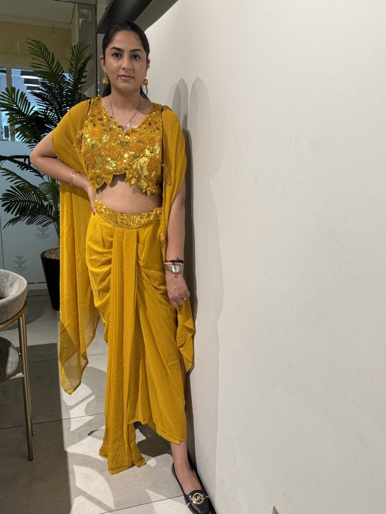 Yellow Cowl Skirt and Cape Set with Heavy Beaded Crop Top
