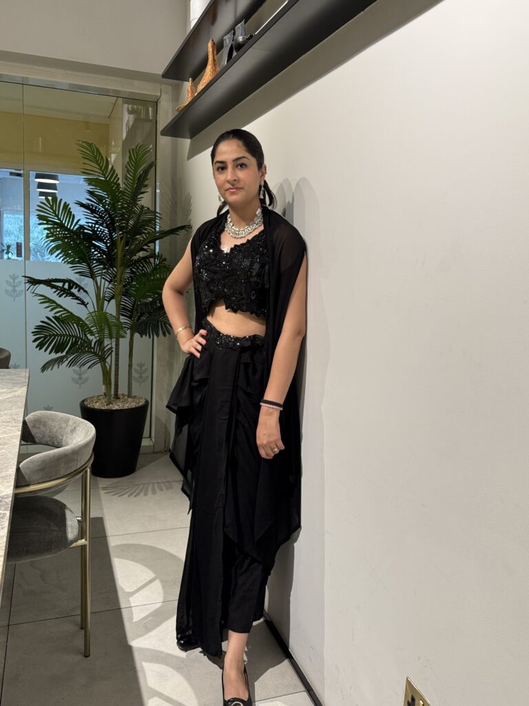 Black Cowl Skirt and Cape Set with Heavy Beaded Crop Top
