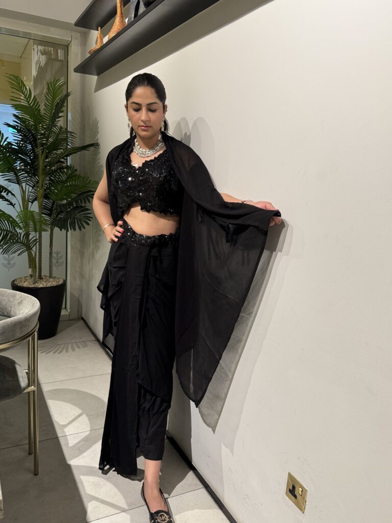 Black Cowl Skirt and Cape Set with Heavy Beaded Crop Top