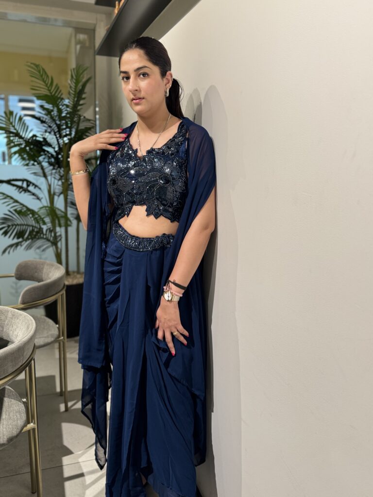 Navy Blue Cowl Skirt and Cape Set with Heavy Beaded Crop Top