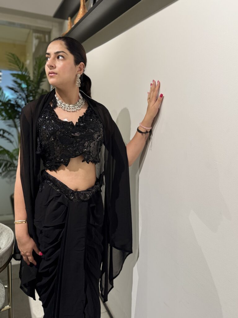 Black Cowl Skirt and Cape Set with Heavy Beaded Crop Top