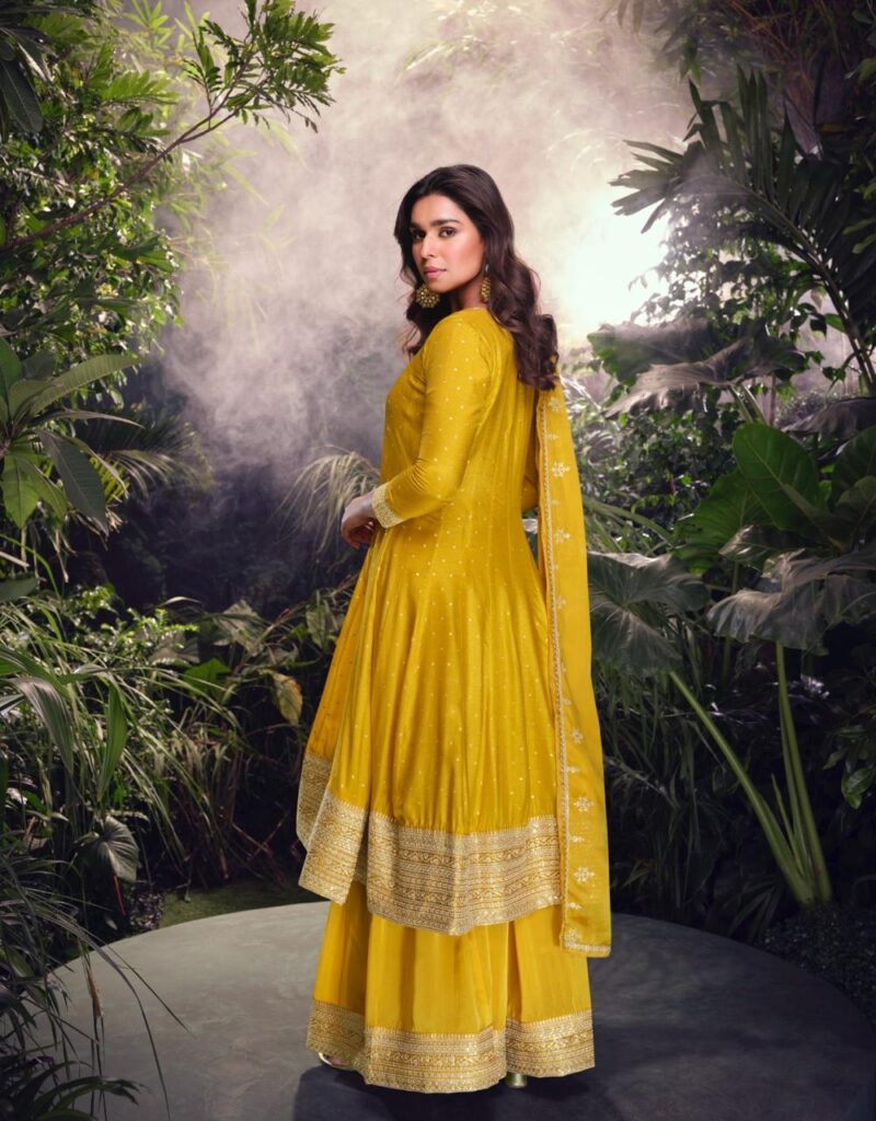 Yellow Shade Anarkali Style Top with Flared Bottoms