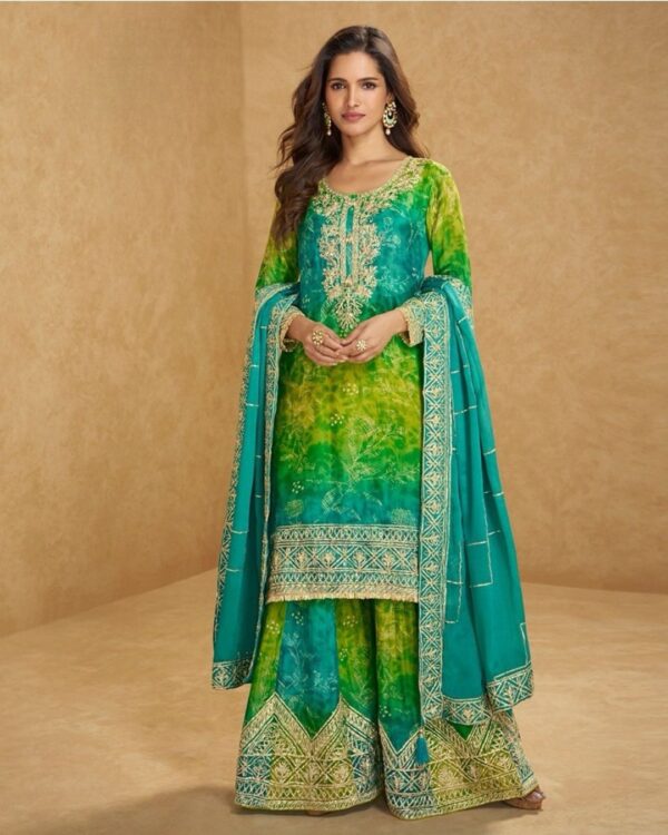 Satin Silk Suit in Green-Yellow Digital Print with Gota Pati Lace Work
