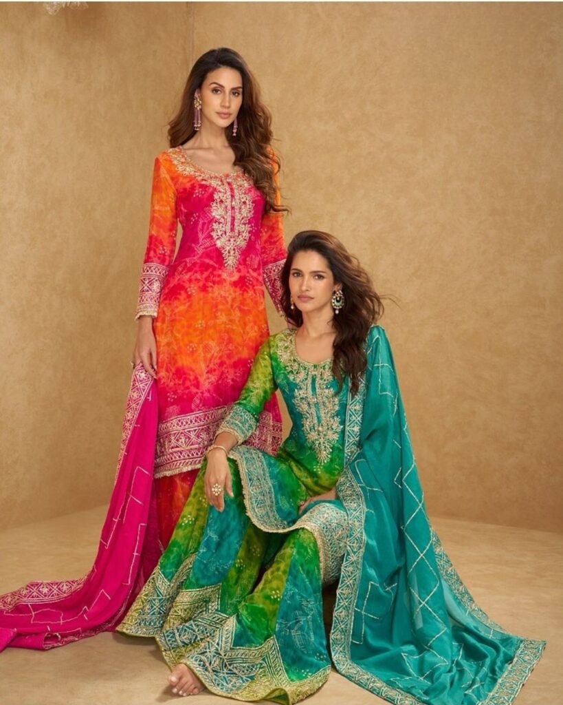 Satin Silk Suit in Green-Yellow Digital Print with Gota Pati Lace Work