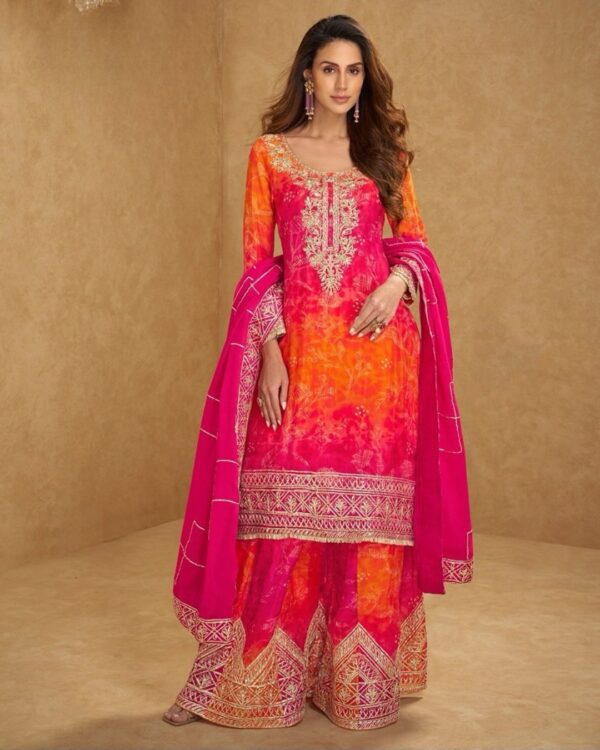 Satin Silk Suit in Green-Yellow Digital Print with Gota Pati Lace Work