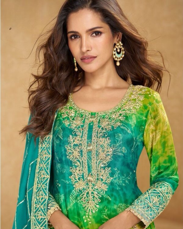 Satin Silk Suit in Green-Yellow Digital Print with Gota Pati Lace Work