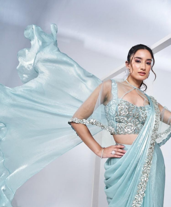 Sky Blue Satin Ready-to-Wear Designer Saree with Heavy Work Blouse & Cape ✨