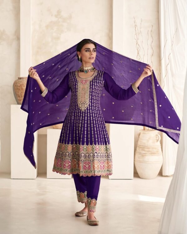 Purple Chinon Silk Suit Set with Heavy Embroidery – Regal Sophistication Redefined