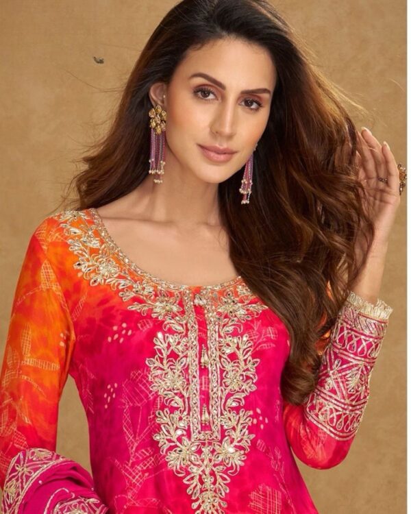 Satin Silk Suit in Green-Yellow Digital Print with Gota Pati Lace Work
