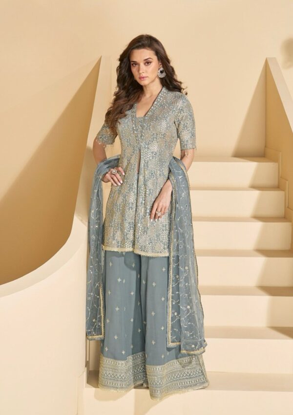 Light Grey Georgette Indo-Western 3PC Set with Heavy Sequins
