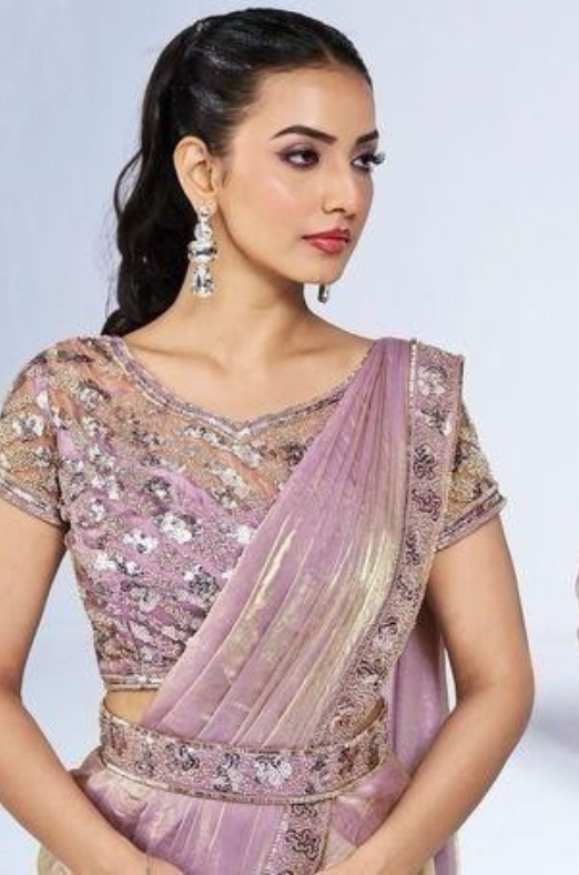 Lavender Ready to Wear Satin Saree with designer blouse