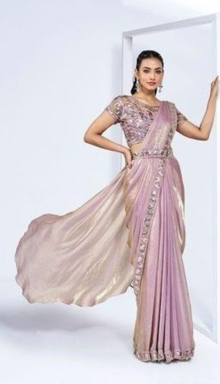 Lavender Ready to Wear Satin Saree with designer blouse