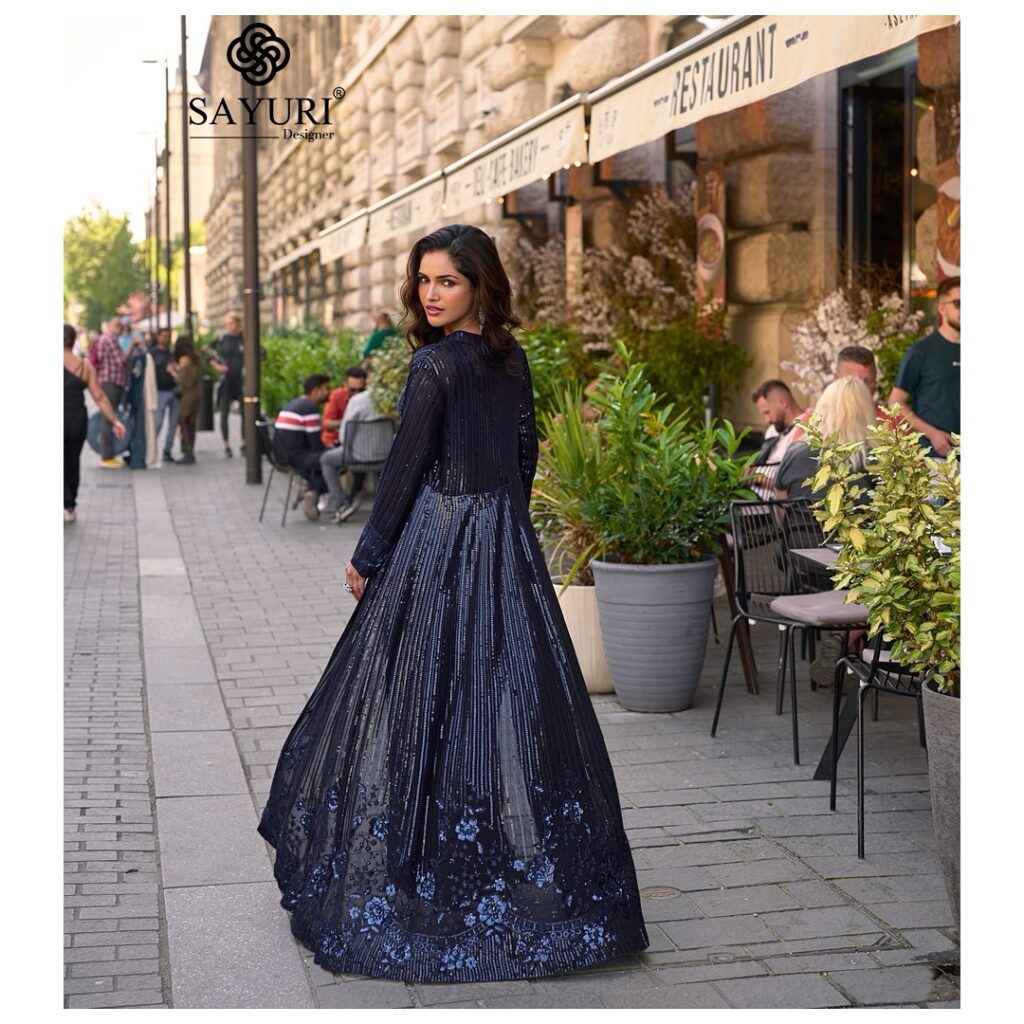 Midnight Blue Georgette Indo-Western Set with Full Sequins Work