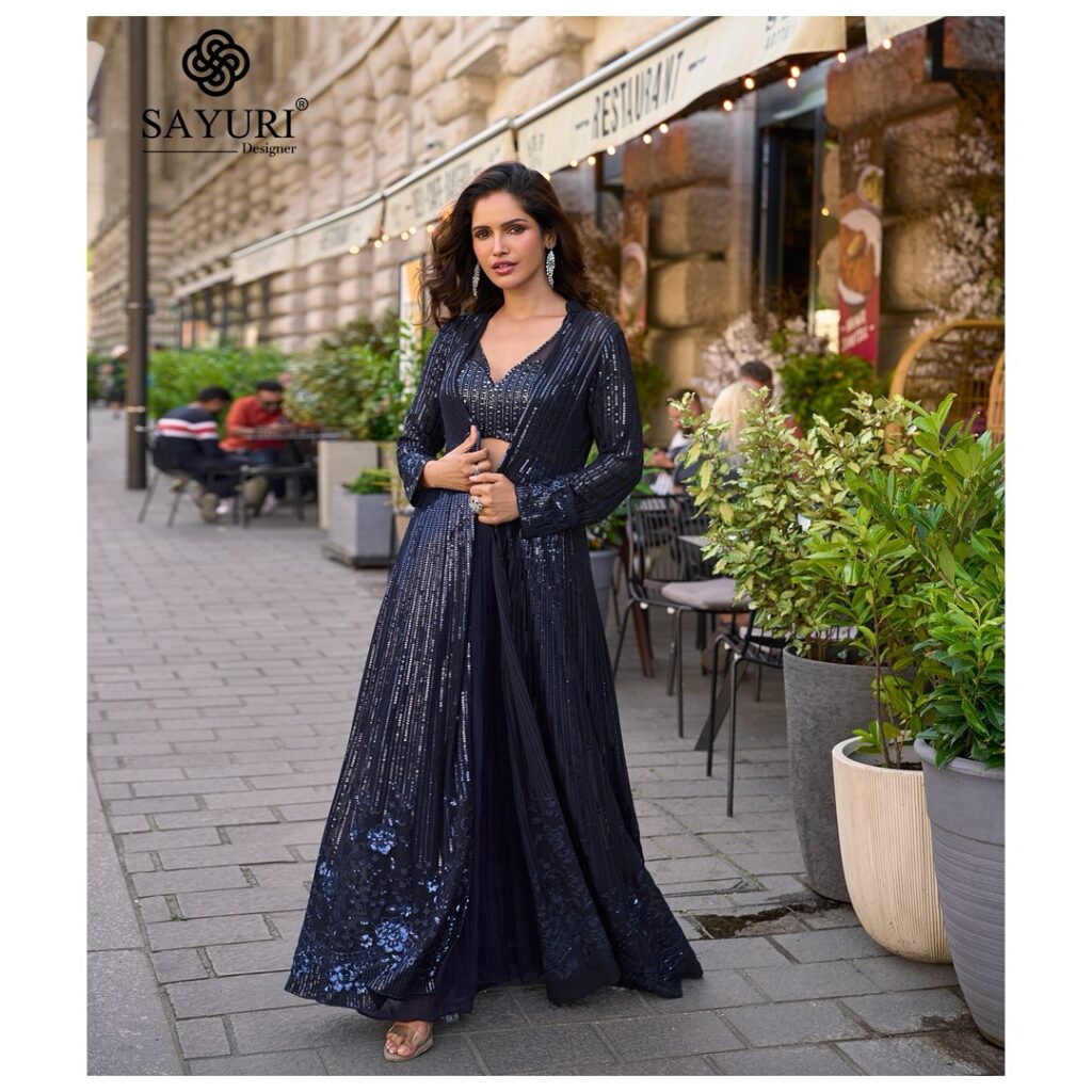Midnight Blue Georgette Indo-Western Set with Full Sequins Work