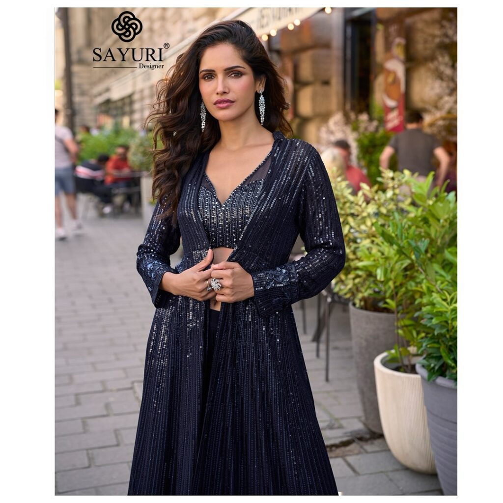 Midnight Blue Georgette Indo-Western Set with Full Sequins Work