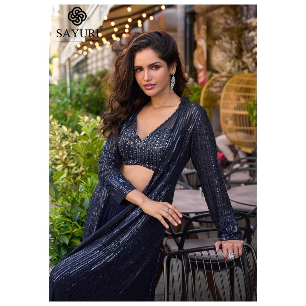 Midnight Blue Georgette Indo-Western Set with Full Sequins Work