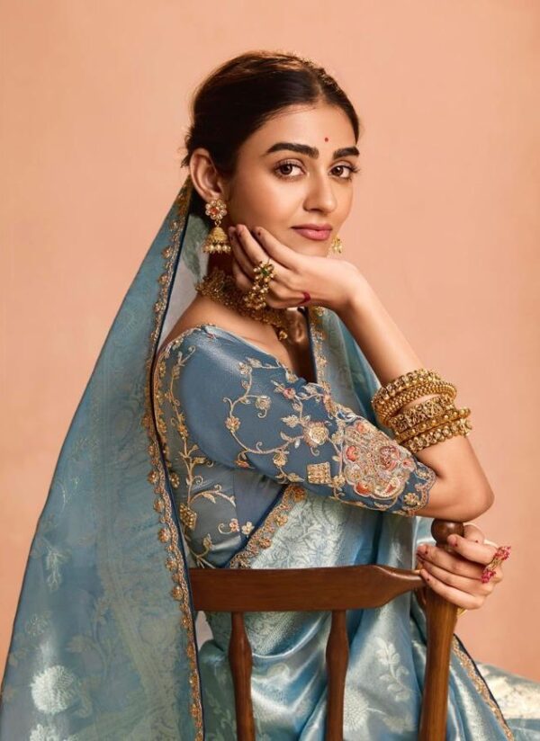 Pastel blue Tissue Silk saree with heavy embroidery border