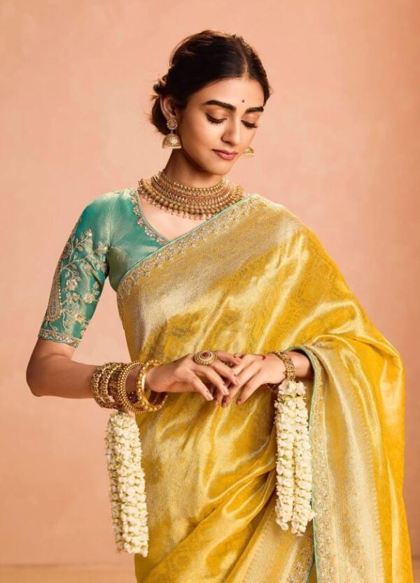 Olive Yellow Tissue Silk Saree with Heavy Embroidery Border