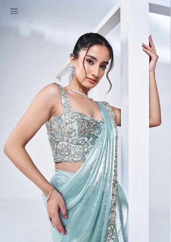 Sky Blue Satin Ready-to-Wear Designer Saree with Heavy Work Blouse & Cape ✨