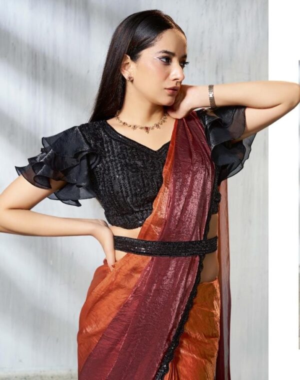 Two-Tone Orange & Black Satin Ready-to-Wear Designer Saree with Heavy Work Blouse