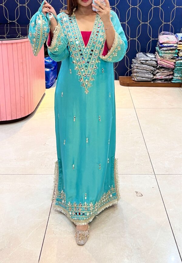 Turquoise Blue Pure Glass Tissue Silk Long Gown with Heavy Mirror Work & Gota Patti Lace