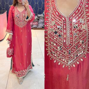 Deep Rose Pink Pure Glass Tissue Silk Long Gown with Heavy Mirror Work & Gota Patti Lace