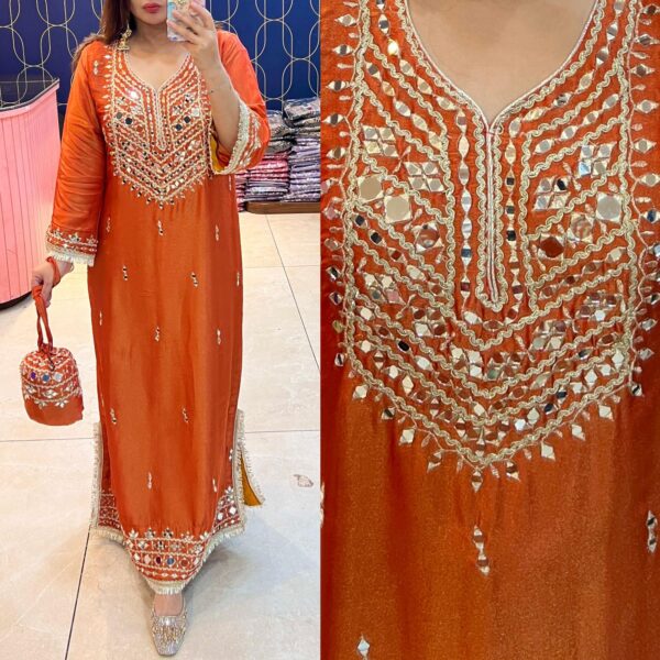 Candy Orange Pure Glass Tissue Silk Long Gown with Heavy Mirror Work & Gota Patti Lace