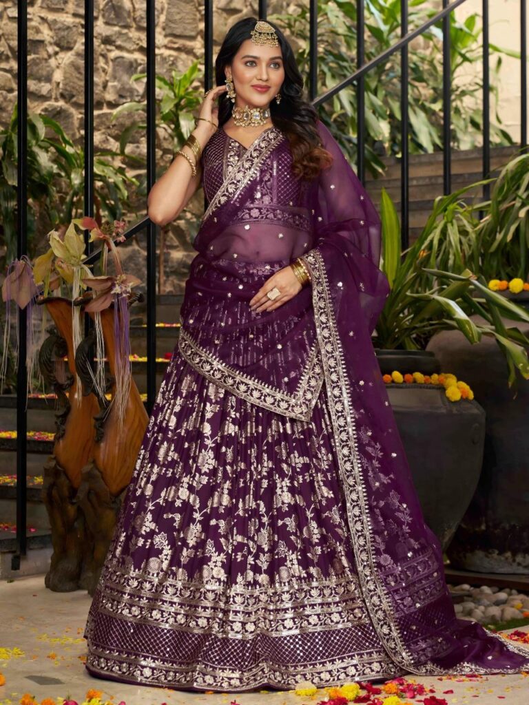 Dola Silk Jacquard Lehenga Set in Dark Purple – A Celebration of Royal Elegance