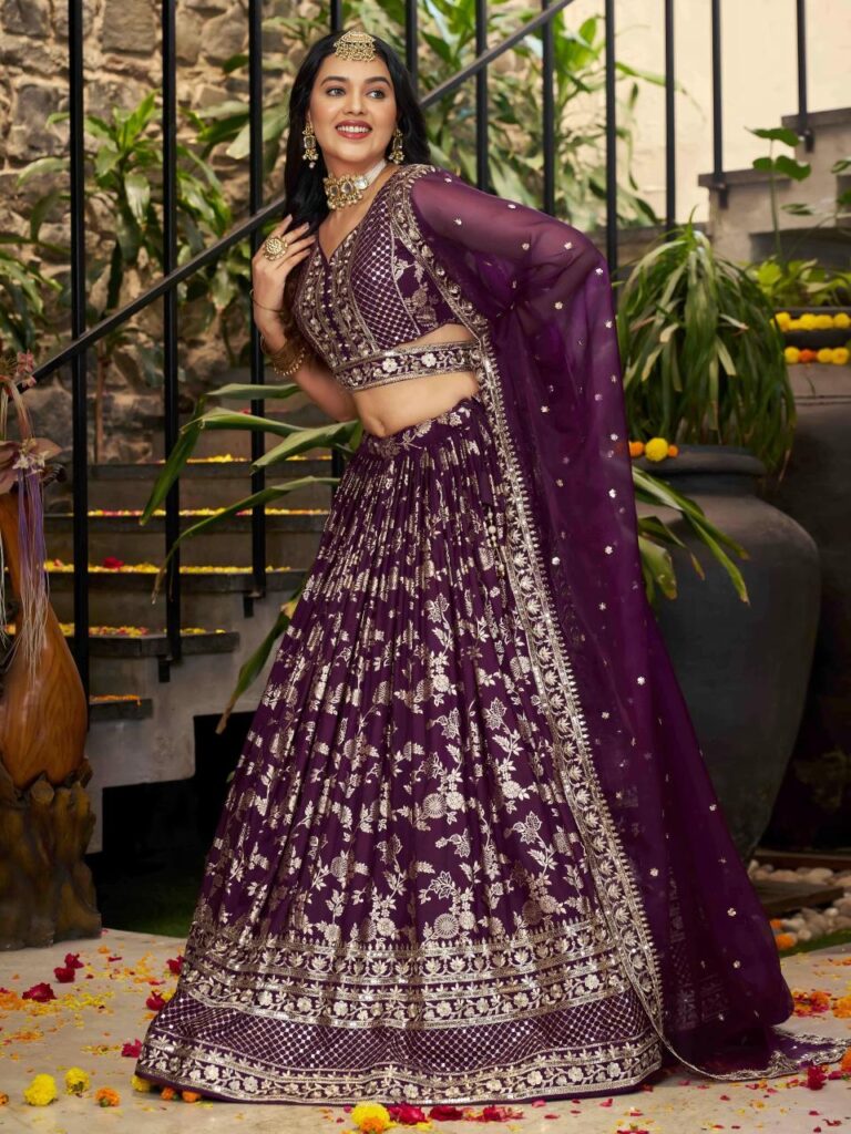 Dola Silk Jacquard Lehenga Set in Dark Purple – A Celebration of Royal Elegance