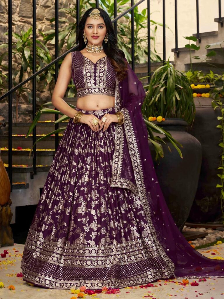 Dola Silk Jacquard Lehenga Set in Dark Purple – A Celebration of Royal Elegance