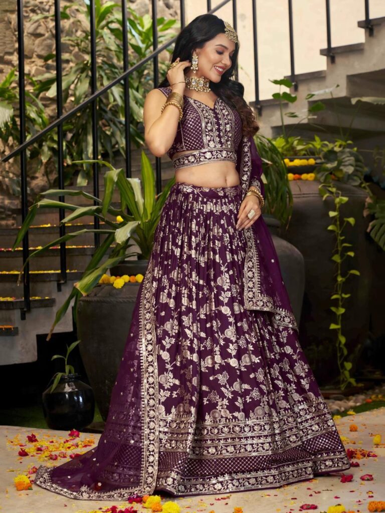 Dola Silk Jacquard Lehenga Set in Dark Purple – A Celebration of Royal Elegance