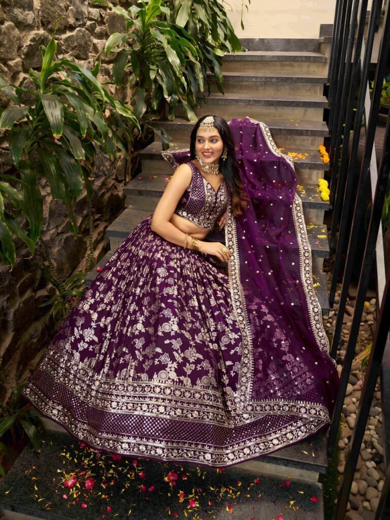 Dola Silk Jacquard Lehenga Set in Dark Purple – A Celebration of Royal Elegance