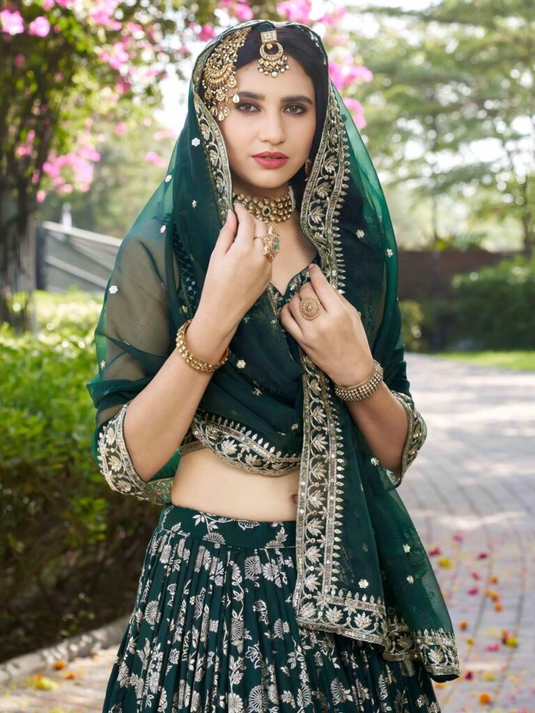 Dola Silk Jacquard Lehenga Set in Bottle Green – Radiate Timeless Majesty