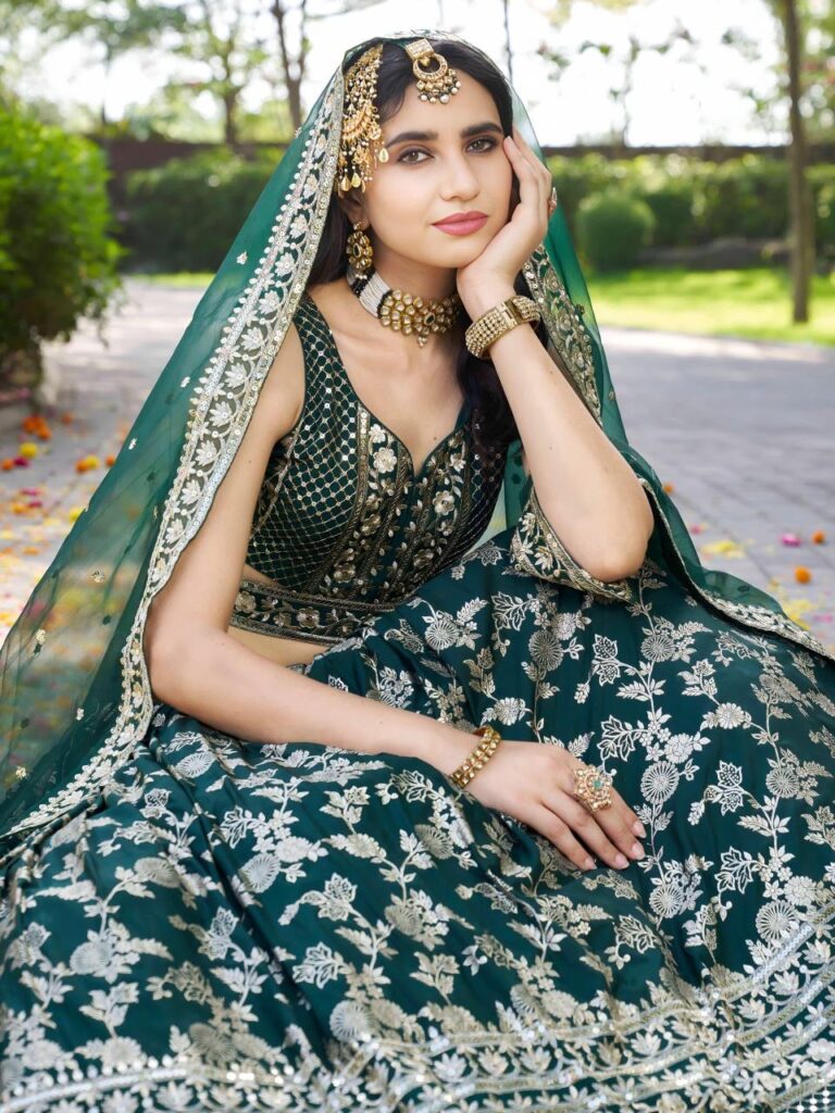 Dola Silk Jacquard Lehenga Set in Bottle Green – Radiate Timeless Majesty