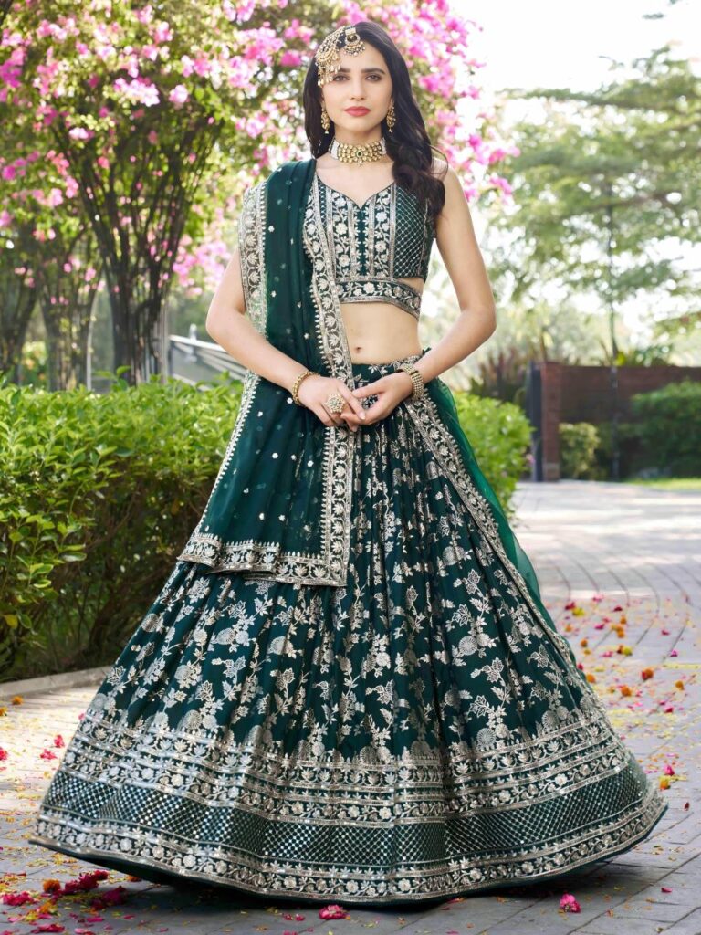 Dola Silk Jacquard Lehenga Set in Bottle Green – Radiate Timeless Majesty