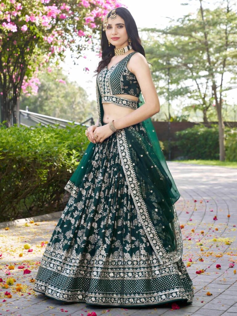 Dola Silk Jacquard Lehenga Set in Bottle Green – Radiate Timeless Majesty