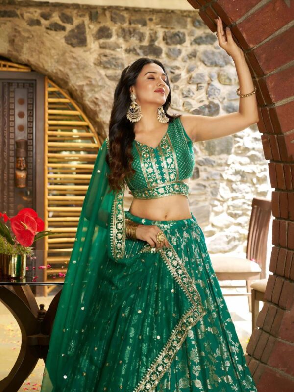 Dola Silk Jacquard Lehenga Set in Bottle Green – Radiate Timeless Majesty