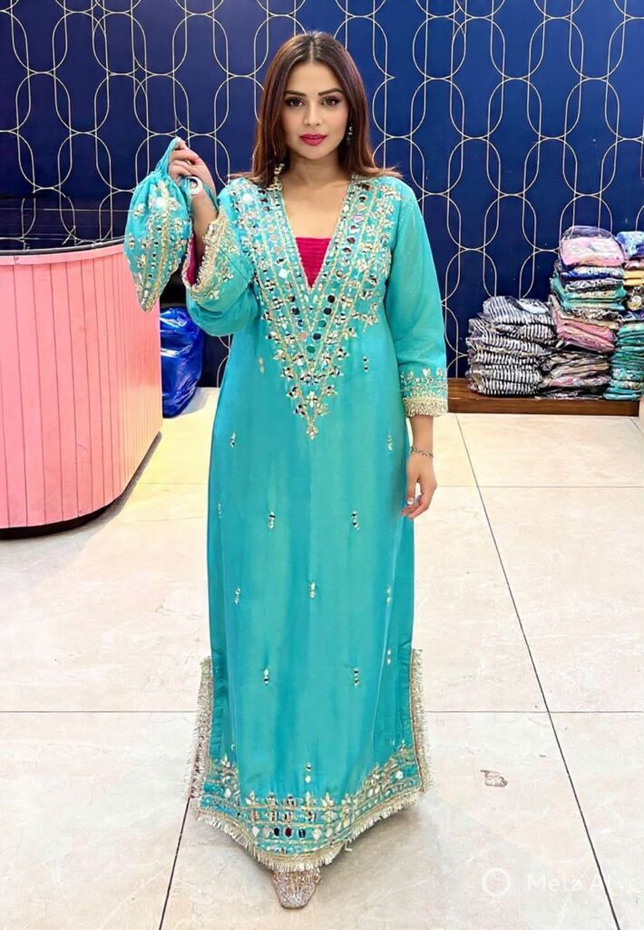 Turquoise Blue Pure Glass Tissue Silk Long Gown with Heavy Mirror Work & Gota Patti Lace