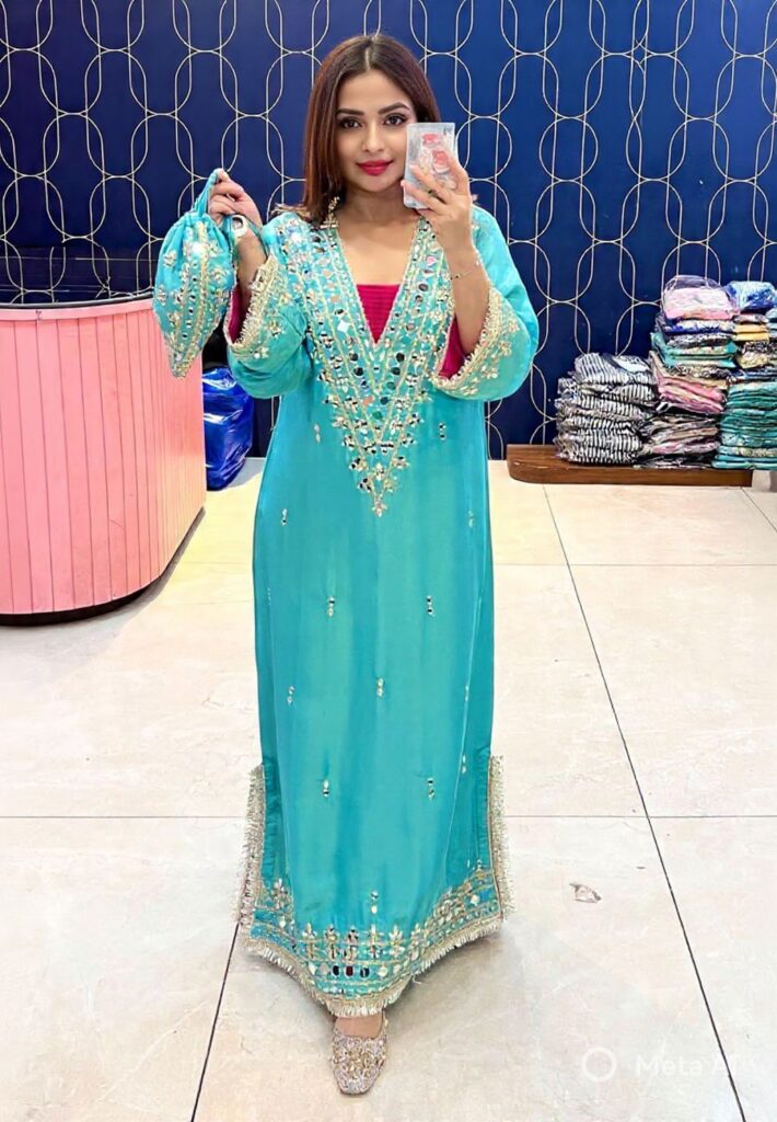 Turquoise Blue Pure Glass Tissue Silk Long Gown with Heavy Mirror Work & Gota Patti Lace