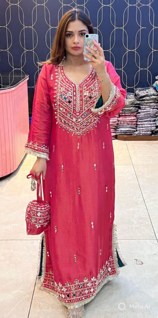 Deep Rose Pink Pure Glass Tissue Silk Long Gown with Heavy Mirror Work & Gota Patti Lace