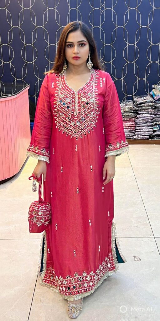 Deep Rose Pink Pure Glass Tissue Silk Long Gown with Heavy Mirror Work & Gota Patti Lace