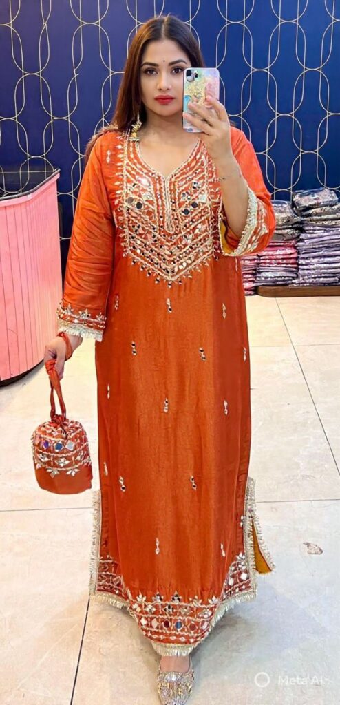 Candy Orange Pure Glass Tissue Silk Long Gown with Heavy Mirror Work & Gota Patti Lace