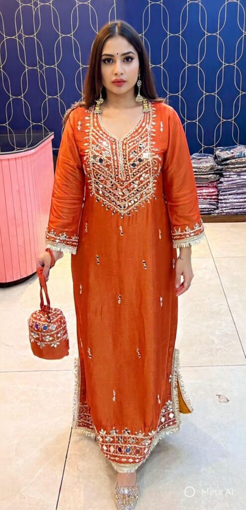 Candy Orange Pure Glass Tissue Silk Long Gown with Heavy Mirror Work & Gota Patti Lace