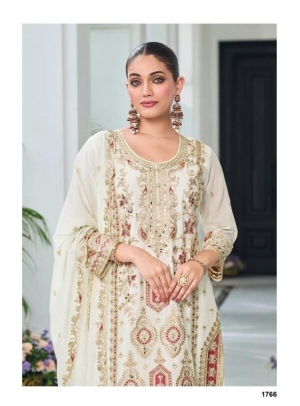 Beige Chinon Silk Palazzo Set with Heavy Embroidery & Mirror Work