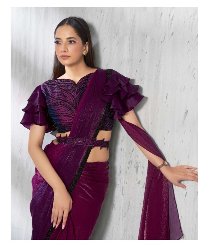 Dark Wine Satin Ready-to-Wear Designer Saree with Heavy Work Blouse
