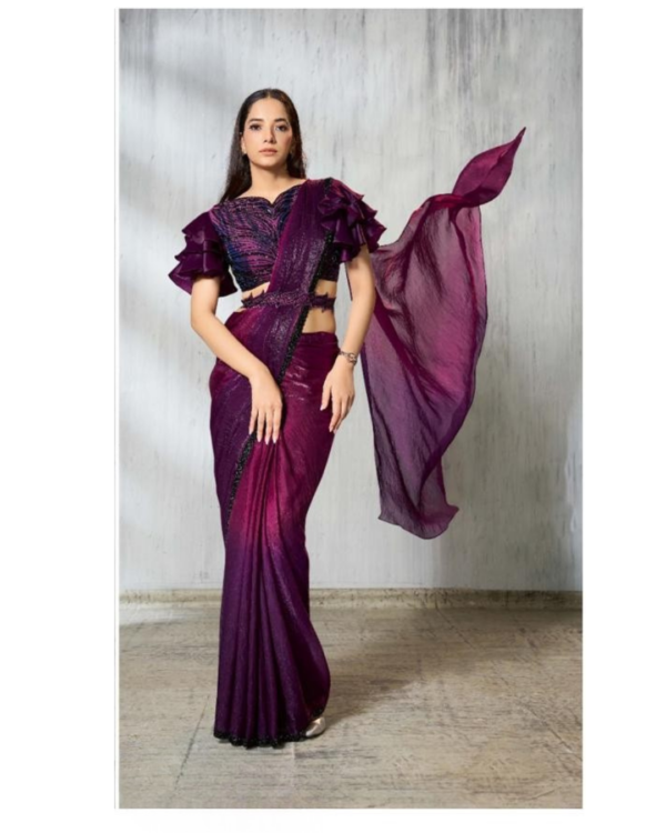 Dark Wine Satin Ready-to-Wear Designer Saree with Heavy Work Blouse