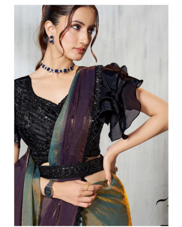 Ash Grey & Black Two-Tone Satin Ready-to-Wear Designer Saree with Heavy Work Blouse & Frilled Sleeves ✨