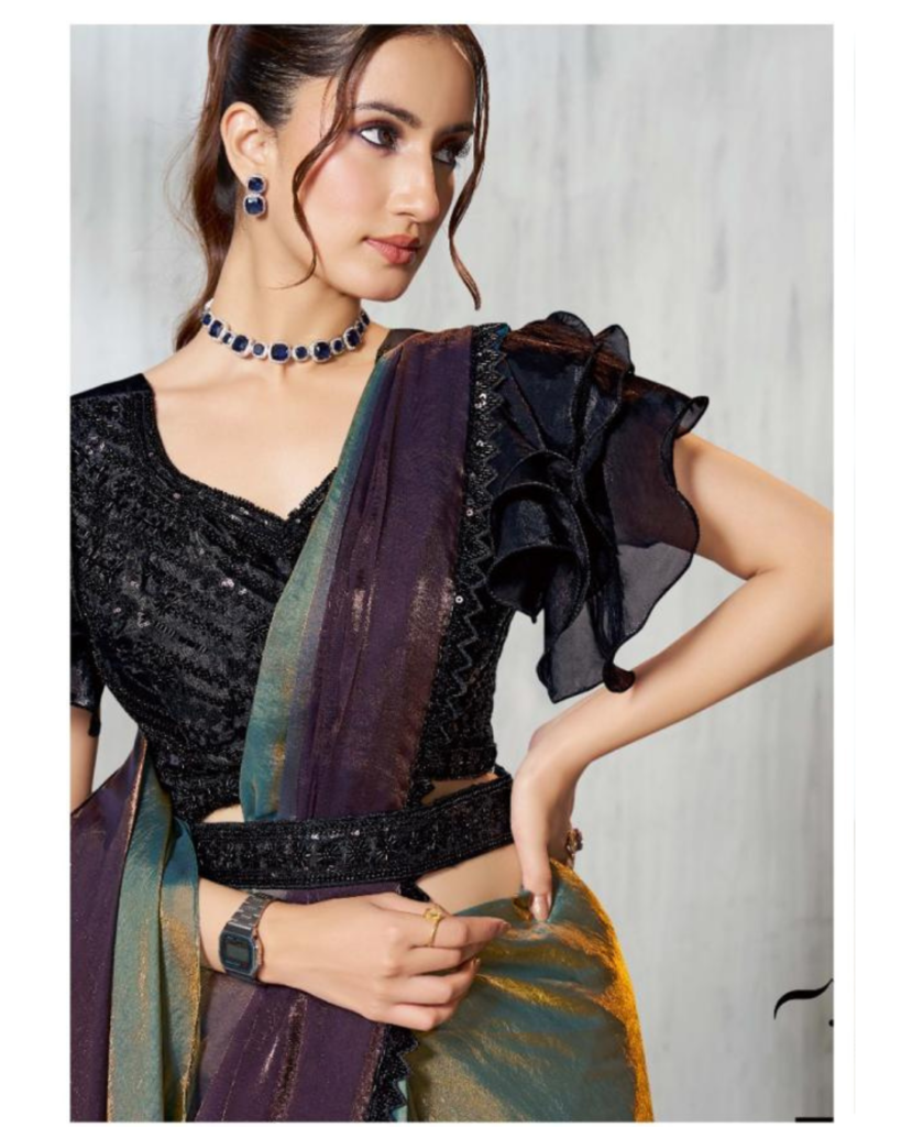 Ash Grey & Black Two-Tone Satin Ready-to-Wear Designer Saree with Heavy Work Blouse & Frilled Sleeves ✨